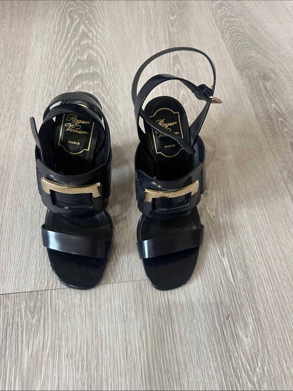 Roger Vivier Black Leather Open-Toe Heels with Gold Buckle Accent